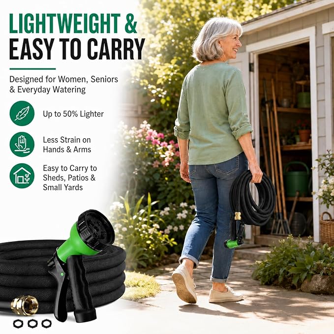 100FT Lightweight Flat Garden Hose for Women & Seniors, Non-Expandable Water Hose with 10-Pattern Spray Nozzle, Easy Storage No-Kink Hose for RV, Patio, Small Backyard, Car Wash & Everyday Watering