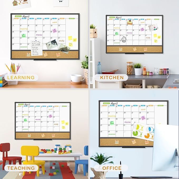 JILoffice Magnetic Calendar Whiteboard & Bulletin Corkboard Combination, Combo Board 36 x 24 Inch, Black Aluminum Frame Wall Mounted Board for Office Home and School with 10 Push Pins