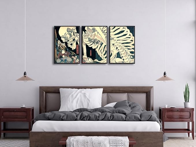 Wieco Art Black Framed 3 Piece Witch and Skeleton Ukiyo-E by Utagawa Takiyasha
