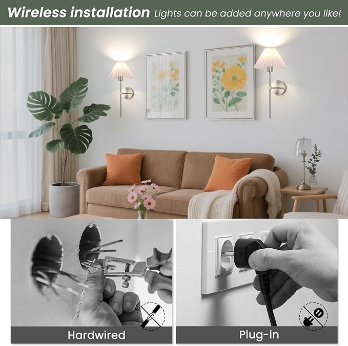 Wireless Wall Sconce Sets of 2, Pleated Shades Rechargeable Battery Operated