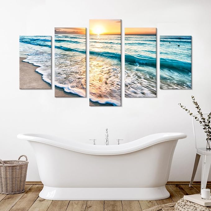 Goldfoilart 5 Pieces Beach Coastal Wall Art Sea Sunset Seascape Pictures Ocean