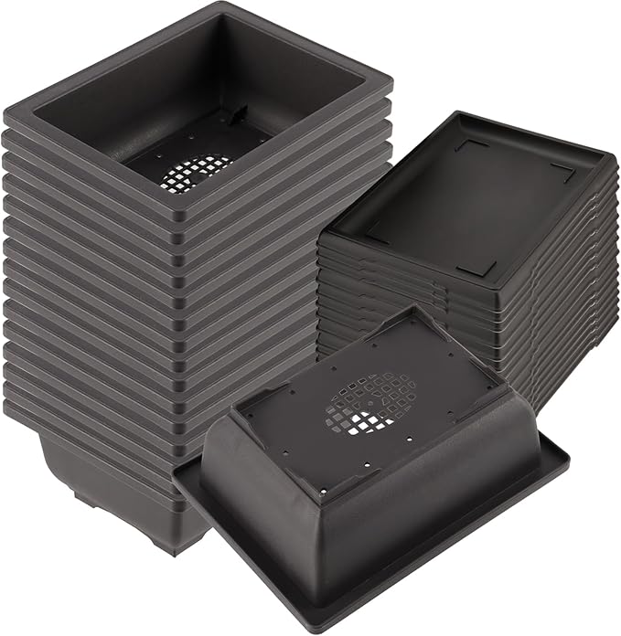 KINJOEK 15 PCS 6.5 Inch Plant Pot, Rectangular Plastic Bonsai Training Pots with 15 Humidity Trays, Flower Succulent Pots Container Bonsai Tree Planters for Garden, Indoor, Home Decorative