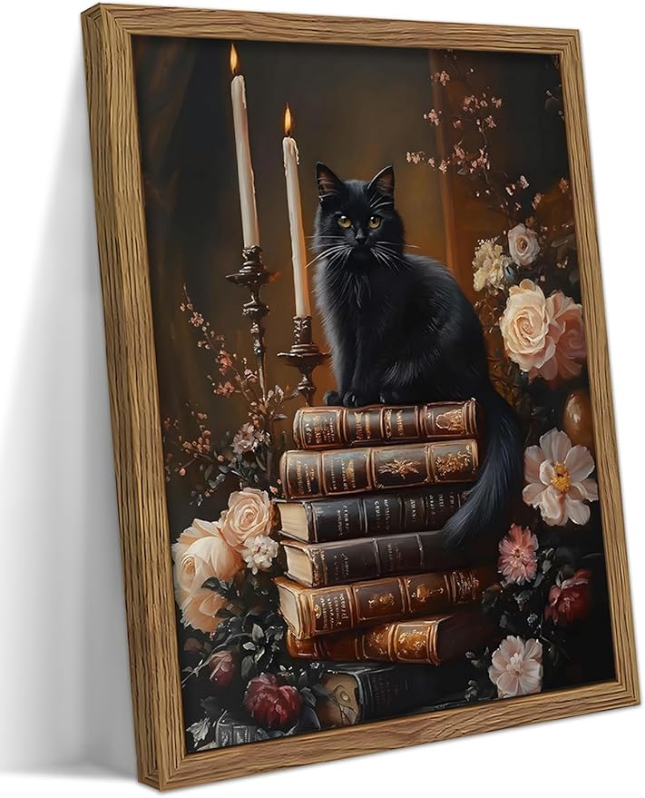 Vintage Dark Academia Framed Wall Art, Victorian Black Cat Floral Canvas Prints