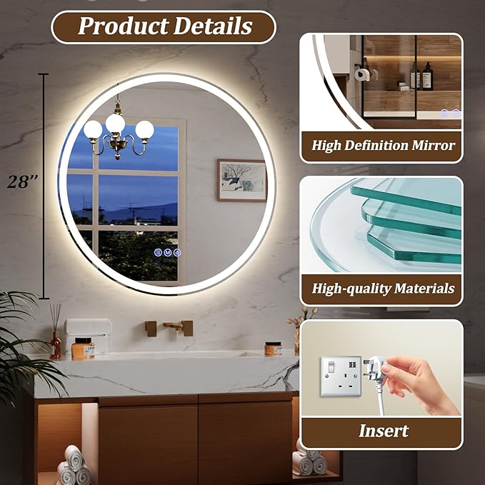 BEAUTYPEAK 28x28 LED Round Bathroom Mirror