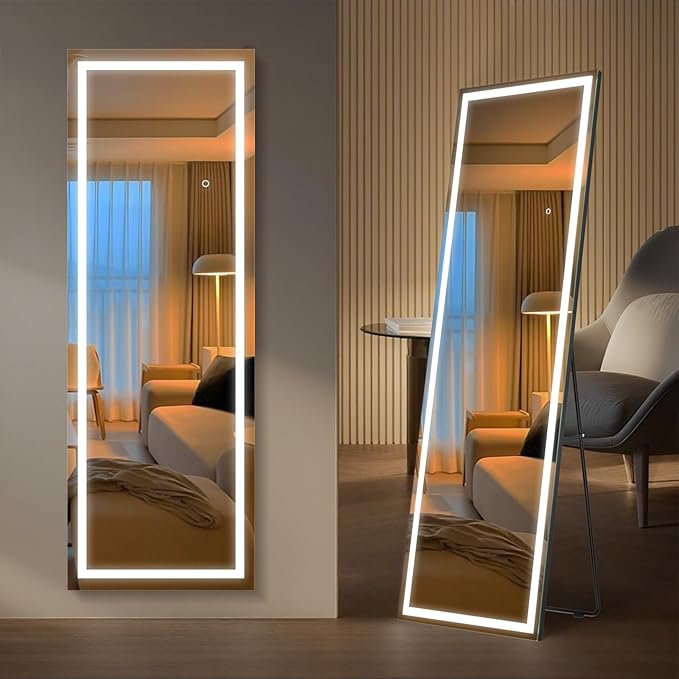 Kosmonia 65x22 Frameless Full Length Mirror, Dimmable 3 Color LED Light