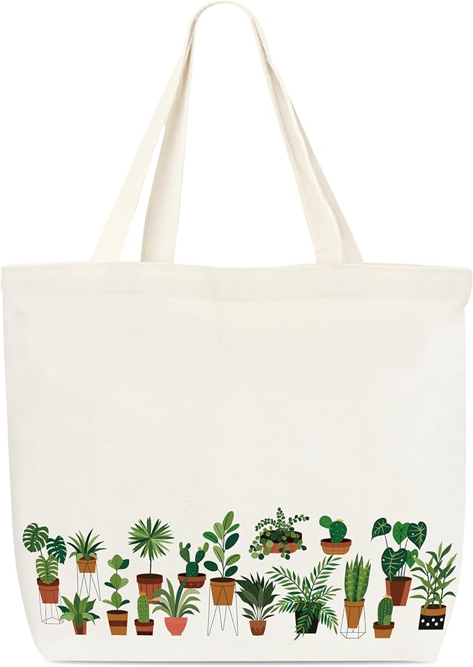 Canvas Tote Bag, Book Tote Bag, Potted Plant Tote Bag, Potted Plant Lover Gift, Funny Tote Bag, Library Tote, Reusable Grocery Shopping Bag, Library Shoulder Bag For Women Man Friends B(04)