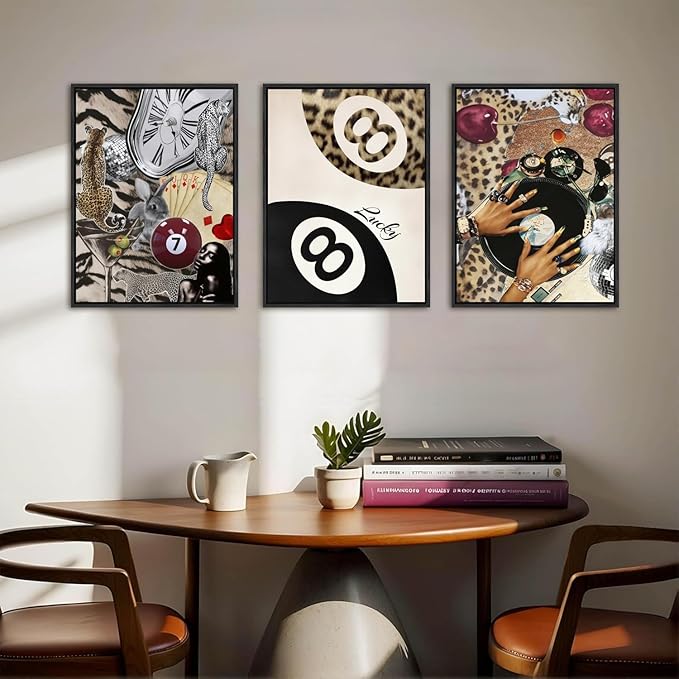 Fashion Cheetah Wall Art Set of 3 Leopard Wall Decor Pictures Lucky 8 Ball