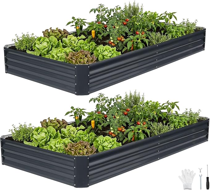 INNO STAGE 2 Pcs 8Ã4Ã1ft Galvanized Raised Garden Bed Kit, Galvanized Planter Raised Garden Boxes Outdoor, Large Metal Raised Garden Beds for Vegetables, Flowers, Herbs, and Succulents, Grey