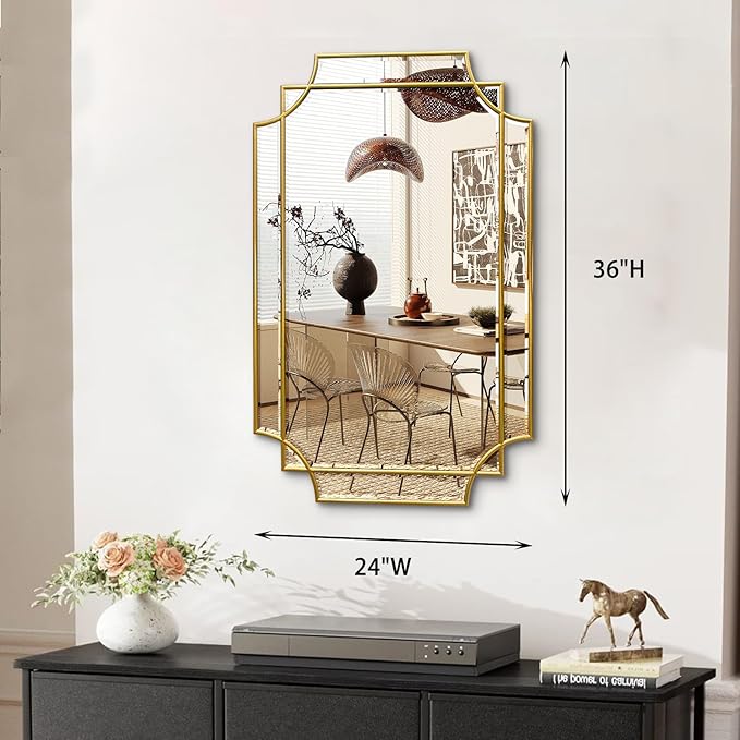 HQiJun Gold Mirror for Wall, 36x24 Gold Wood Framed, Scalloped Beveled Polished