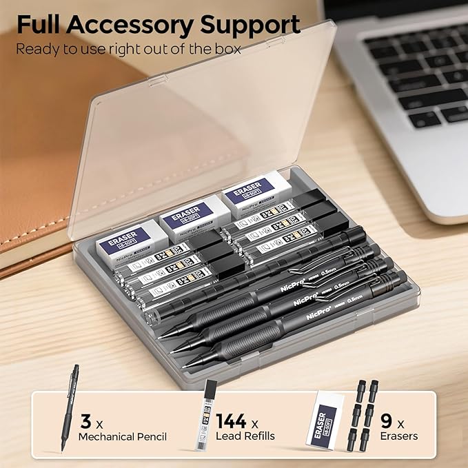 Nicpro HD1000 0.5 mm Art Mechanical Pencil Set in Case, 3 PCS Weatherproof Mechanical Pencils with 6 Tube HB Refills, Eraser, Weatherproof Barrel for Outdoor Writing Marking Drafting Drawing Sketching