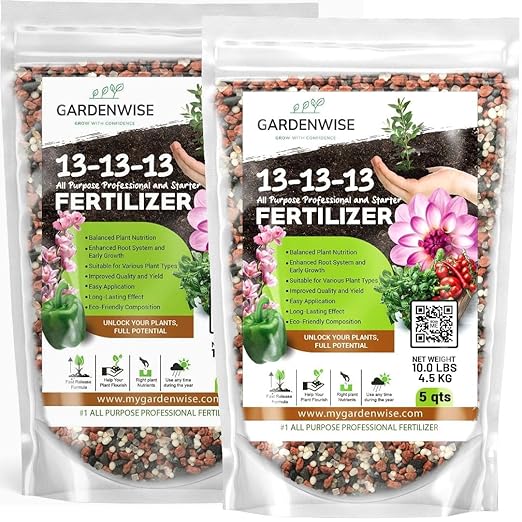 13-13-13 Slow Release Granular Fertilizer â All Purpose Plant Food 13 13 13 for Outdoor Grass, Vegetables, Roses, Flowers, Shrubs, Trees. Lawns, Gardens, Potted Plants (20 quarts)