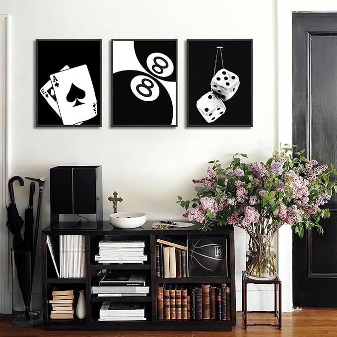 3Pcs Black and White Poker Dice Canvas Wall Art Lucky You Poster Prints Trendy