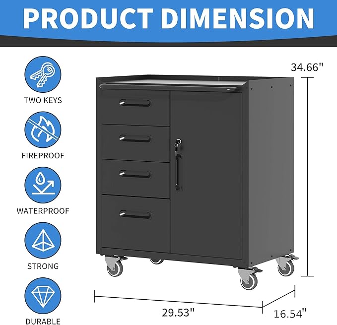 Metal Storage Cabinet with Wheels, Garage Storage Cabinet with 1 Door and 4