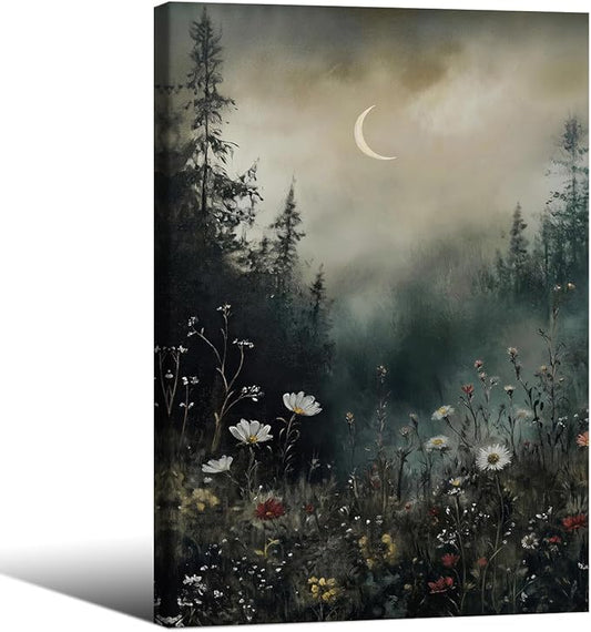 Dark Flower Field Poster Vintage Moody Academia Wall Art 24X36 inch Framed