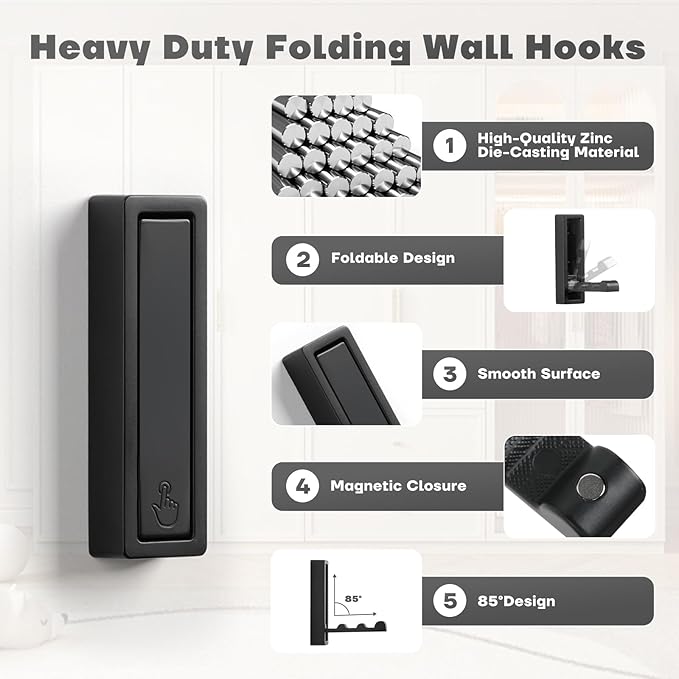Folding Wall Hooks, Heavy Duty Zinc Alloy No Rust Fold Up Hooks