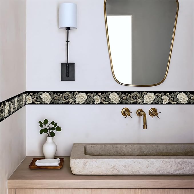 Beige Floral Scroll Wallpaper Border 196x4 Inch Peel and Stick Wall Border