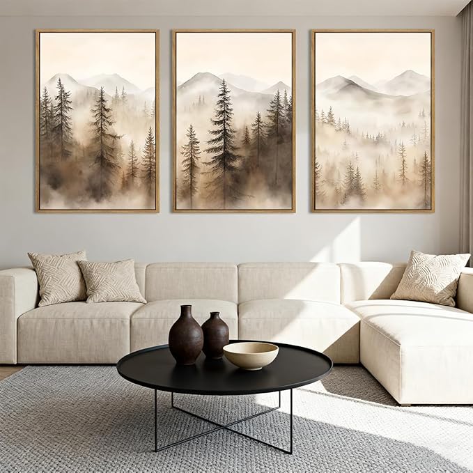 IARTTOP Large Mountain Forest Framed Canvas Wall Art 16x24 Inch Set of 3 Abstract Misty Woodland Painting Modern Farmhouse Art Prints for Living room Dining room