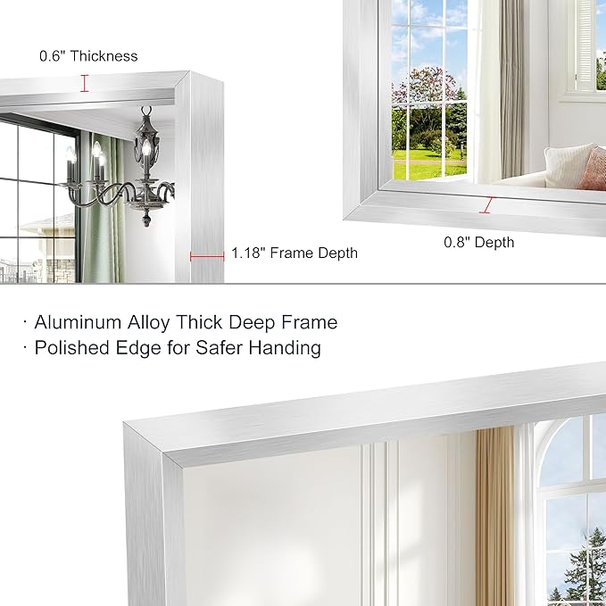 30x55 Silver Bathroom Mirror, Brushed Silver Rectangular Mirror