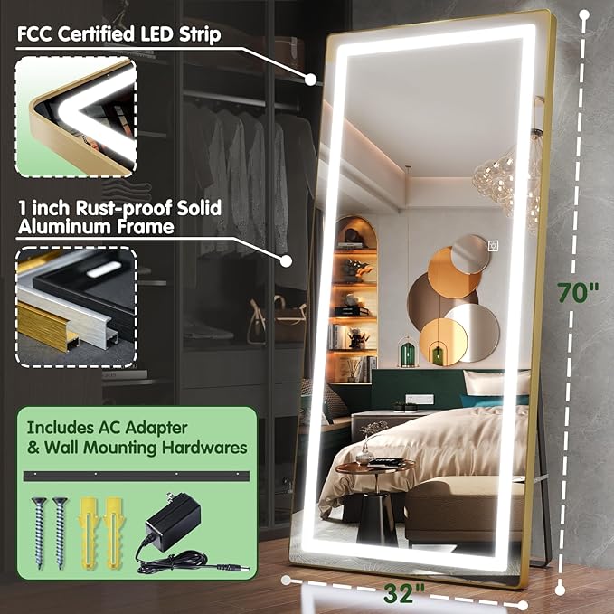 FENNIO Full Length Mirror with Lights, Free Standing Lighted Floor Mirror