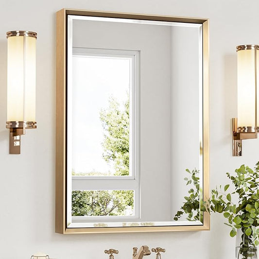 Gold Bathroom Mirror, 22x30 Brushed Gold Bathroom Mirror Beveled Edge,