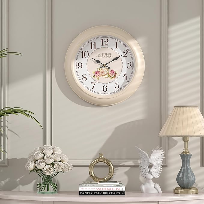 Abdurey Sweet French Rose Style Wall Clock, Battery Operated Silent, Creamy