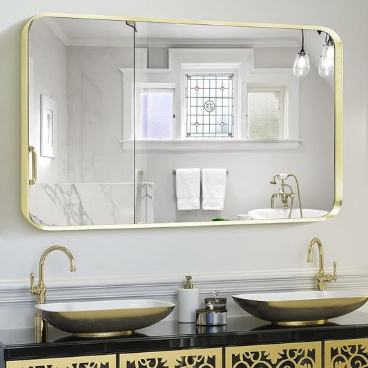 Wall Mount Mirror for Bathroom, Brushed Gold Metal Framed Rounded Corner
