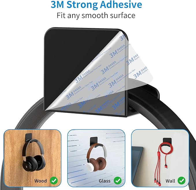 SOKUSIN Headphone Stand Headset Holder - Adhesive Gaming Earphones Hanger, Universal Desk Wall Mount Hook for All Headphone/Controller, Compatible with Beats, AirPods Max,Sony, JBL (Black-2PCS)