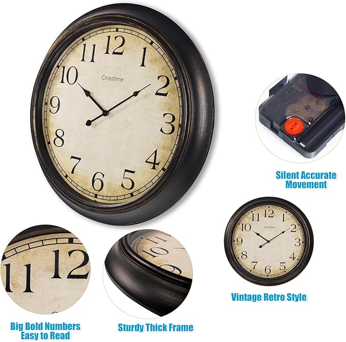 Crosstime 24 Inch Wall Clock Battery Operated Silent Round Vintage Large Wall