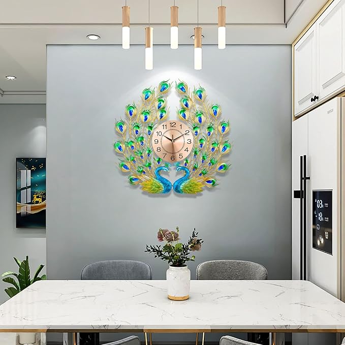 Large Peacock Wall Clock Silent Non-Ticking, 3D Creative Luxury Decorative Wall