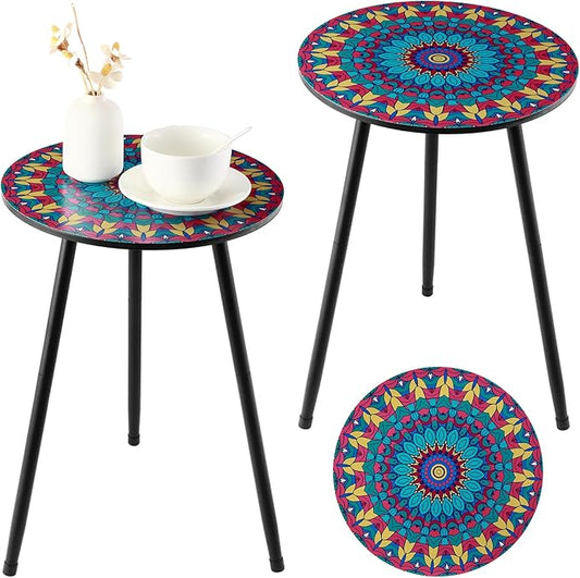 2 Pack Metal Mosaic Round Side Tables 13.4" Small Outdoor Patio Round Accent Coffee Tables Indoor Corner Stand for Small SpacesWeather-Resistant for Balcony, Porch Plant Stands Indoor, Rainbow Mandala