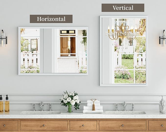 Syndra White Wood Frame Bathroom Mirror, Waterproof Slim Deep Frame,
