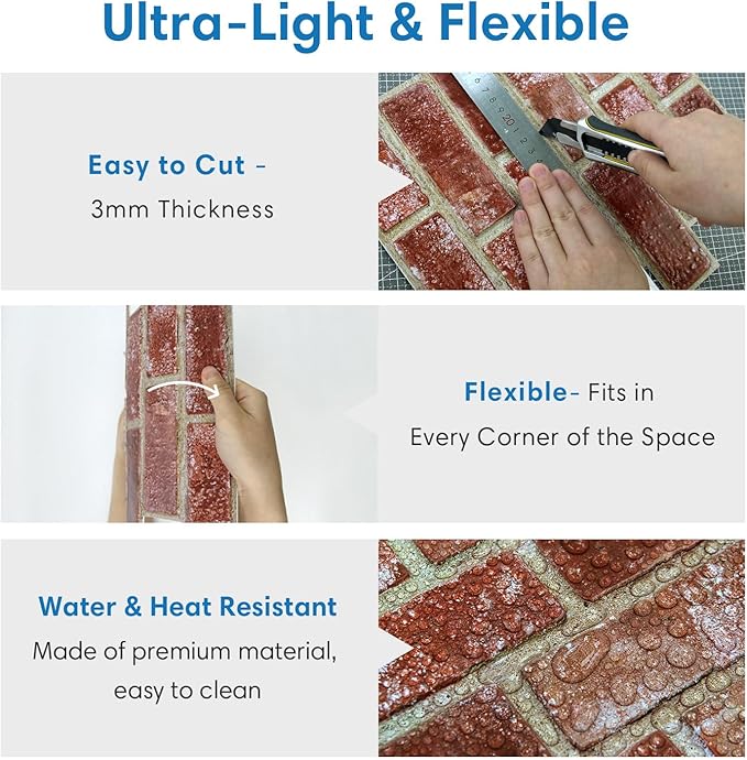COMSTICKC 3D Red Brick Wall Panels Peel and Stick Tiles, Small Size Thin PVC