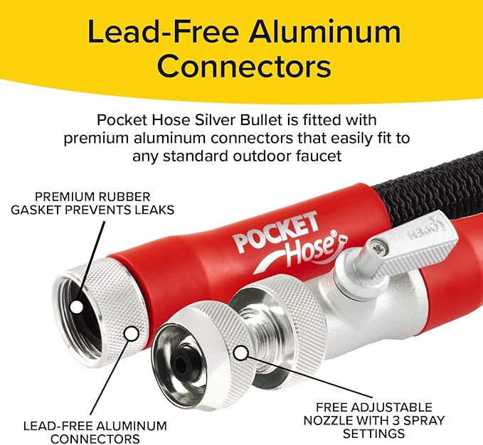 Pocket Hose 50 FT Silver Bullet 2.0 Expandable Garden Hose w/Turbo Shot Nozzle, AS SEEN ON TV, Lead-Free, Solid Aluminum Connectors, Easy On/Off Valve, Kink-Free, Leak-Proof