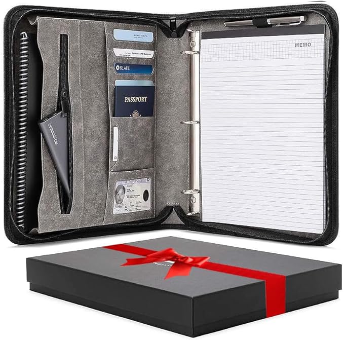 Forevermore Portfolios Padfolio Binder - Professional Faux Leather Travel Organizer Pouch for Tablet, Documents, Presentation Folders, Zipper Closure, Detachable 3-Ring Notepad - Gray