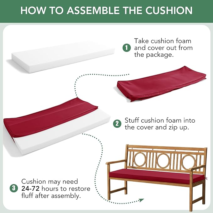 Summsun Outdoor Bench Cushion: Waterproof and Fade Resistant Patio Furniture Cushions - Non-Slip Bench Pad Cushion with Removable Cover for Garden Swing Porch Sofa Settee, 48 x 18 x 3 Inch, Burgundy