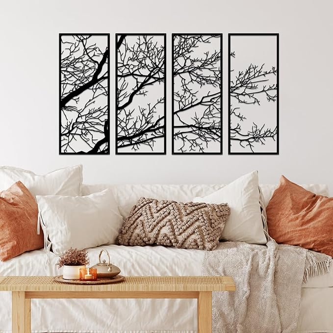ESTART 4 Pieces Tree of Life Metal Wall Decor, Black Tree Branch Metal Wall Art, Tree Sign Wall Hangings for Home Garden Office Living Room Indoor Outdoor (Small)