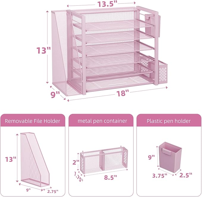 Simple Trending 6 Tier Desk File Organizer, Paper Letter Tray Organizer with File Holder and Pen Container, Pink
