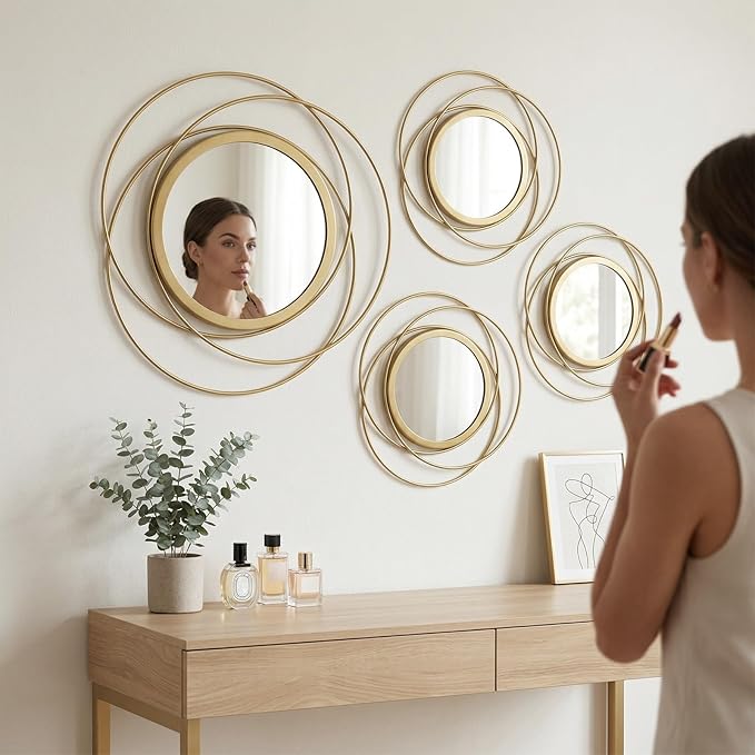 4 Piece Gold Round Wall Mirror Set Modern Metal Circle Home Decor