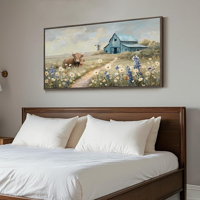 Framed Large Barn Farmhouse Canvas Wall Art for Living Room, Highland Cow Windmill Wildflower Pictures Wall Art Decor for Bedroom Vintage Landscape Floral Painting Artwork Prints for Living Room 24x48
