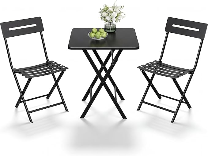 GarveeLife 3 Piece Outdoor Bistro Set, All Metal Patio Table and Chairs Set, Round Tube Iron Bistro Furniture Set for Balcony Porch Garden Cafe, Weather Resistant