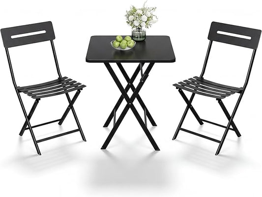 GarveeLife 3 Piece Outdoor Bistro Set, All Metal Patio Table and Chairs Set, Round Tube Iron Bistro Furniture Set for Balcony Porch Garden Cafe, Weather Resistant