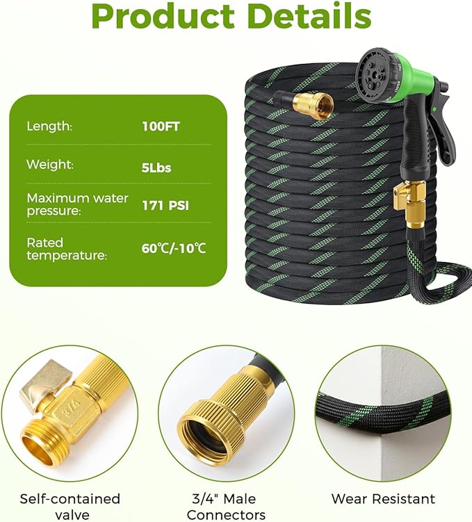 100ft Garden Hose, Non-Expandable Water Hose with 8 Function Spray Nozzle, Lightweight, Knik-Free, Burst-Resistant, Durable & Flexible 3/4" Garden Hose for Lawn, House Cleaning, Car Washing