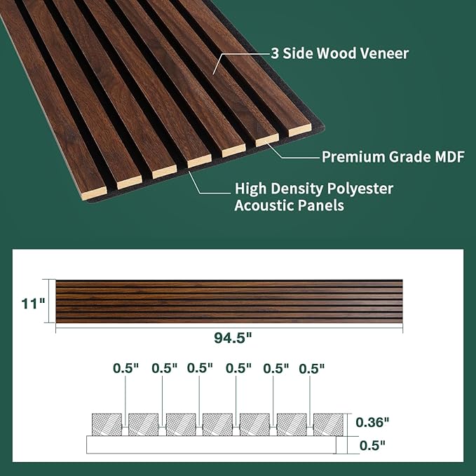 Yuzzy 4 Pack Wood Panels for Wall, 94.5" x 11" Acoustic Wood Slat Wall Panel