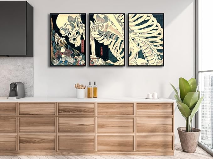 Wieco Art Black Framed 3 Piece Witch and Skeleton Ukiyo-E by Utagawa Takiyasha