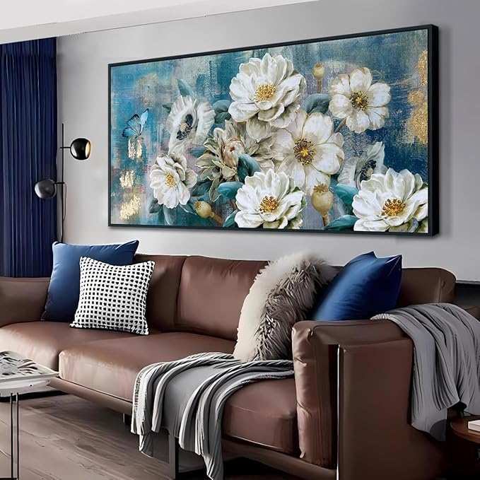 Arjun Black Framed Flower Canvas Wall Art for Living Room White Modern Painting for Bedroom Textured Gold Turquoise Picture Floral Teal Artwork Large Home Office Wall Decor 40"x20"