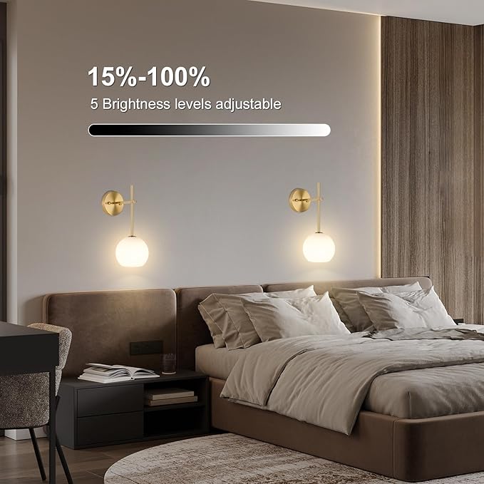 Gold Battery Operated Wall Sconces Set of 2, Rechargeable Wireless Wall Lights