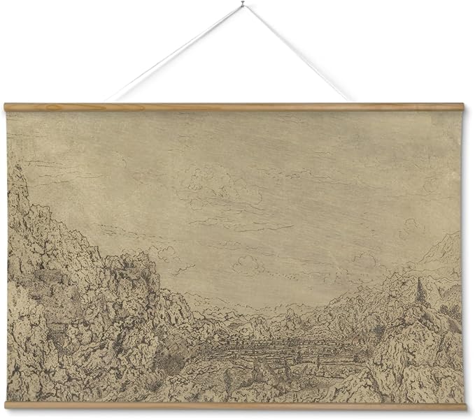 ARPEOTCY Extra Large Vintage Framed Wall Art, 36x54 Inch Sketch Valley Mountain Landscape Hanging Canvas Prints, Scroll Wall Decor for Living Room Bedroom, Retro Scenery Pictures Above of Bed