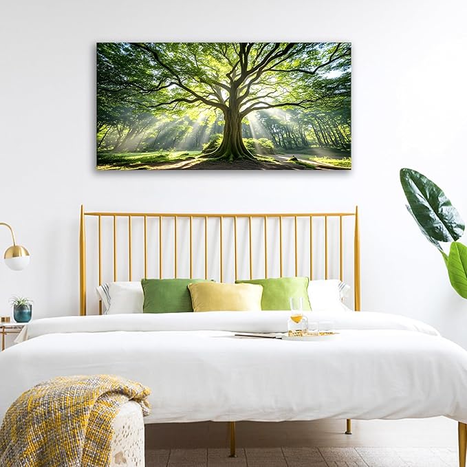 JLXART Framed Forest Artwork Canvas Large Art Spring Nature Green Tree Wall Art for Office Wall Decoration Ready to Hang 30x58inch