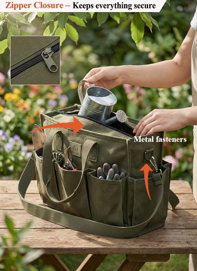 Heavy Duty Canvas Gardening Tote Bag with Pockets, Large Capacity Tool Organizer for Garden Tools, Portable Utility Bucket Carrier for Women Men, Outdoor Planter Caddy for Florist Supplies