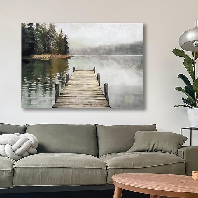 Nature Landscape Large Wall Art Canvas Picture，Horizontal Dock Forest Artwork Decor，Modern Hand Painted Textured Lake Scenery Artwork Painting Decor, Wall Pictures for Bedroom Living Room 40x 28 Inch